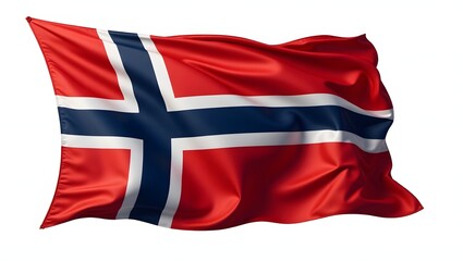 Fototapeta premium Photorealistic image of the flag of Norway with a red field and a dark blue cross outlined in white, isolated on a white background with realistic fabric texture and folds.