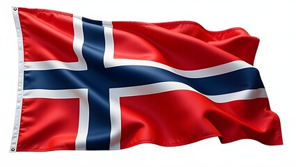 Fototapeta premium Photorealistic image of the flag of Norway with a red field and a dark blue cross outlined in white, isolated on a white background with realistic fabric texture and folds.