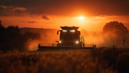 Fototapeta premium Harvester Working Golden Wheat Field at Fiery Sunset