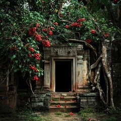 Ancient stone doorway overgrown with vibrant red berries. Lush foliage