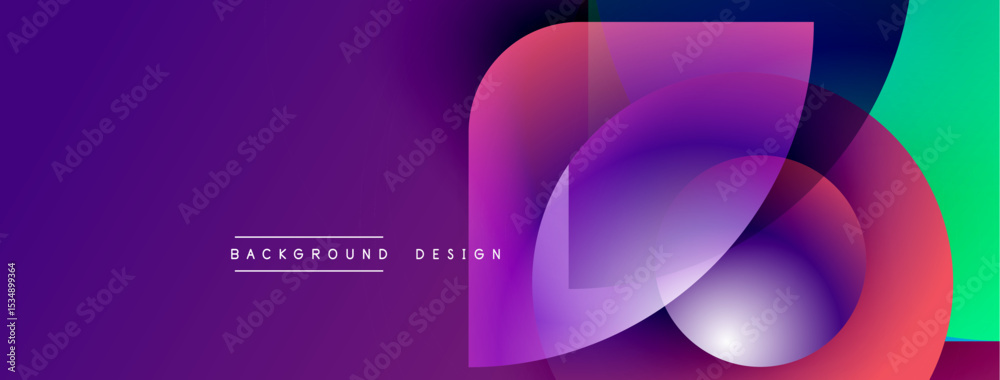 Poster Abstract vibrant design features overlapping colorful shapes. Gradient purple, pink, teal hues create dynamic visual effect. Text reads background design.