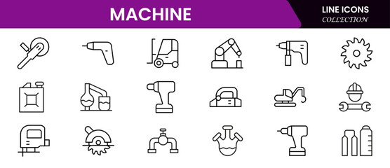 Robust vector web line icons depicting factory machinery, automation, production lines, industrial tools, and efficient manufacturing processes.