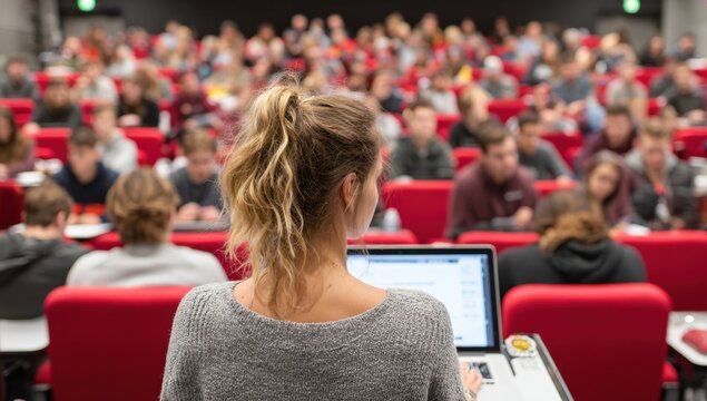 Woman Teaching Large Class Using Laptop in Red Auditorium