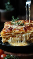 Creamy, cheesy lasagna, perfectly baked, with a sprig of thyme.  A fork lifts a stringy, melted cheese layer