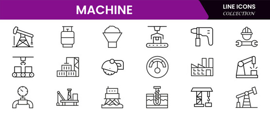Robust vector web line icons depicting factory machinery, automation, production lines, industrial tools, and efficient manufacturing processes.