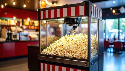 Popcorn machine filled with fresh popcorn in a vibrant cinema lobby with patrons enjoying snacks