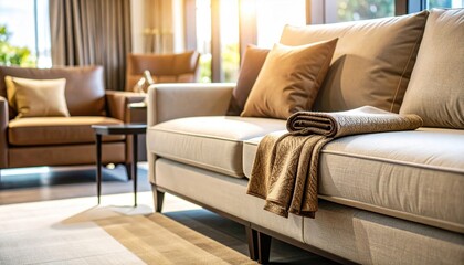 Cozy living room with a stylish sofa, warm lighting, and a blanket draped, inviting relaxation