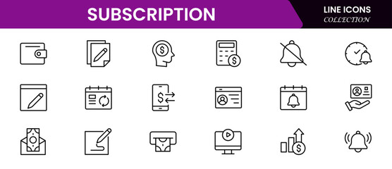Modern vector web line icons depicting subscription services, recurring payments, memberships, streaming, and digital access for seamless user experiences.
