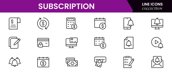 Modern vector web line icons depicting subscription services, recurring payments, memberships, streaming, and digital access for seamless user experiences.