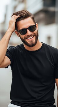 mockup of a man wearing a black t-shirt, front pose isolated on a city background