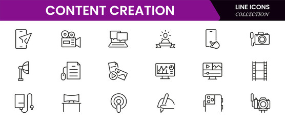 Vibrant vector web line icons showcasing content creation, writing, video, photography, and digital storytelling tools for engaging audiences.