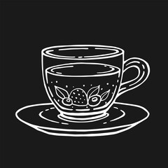 Glass cup of tea, berries. Hand drawn vector illustration in outline style.