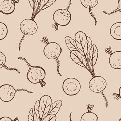 Seamless pattern with radish. Hand drawn vector illustration.