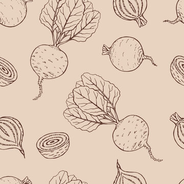 Seamless pattern with beetroot. Hand drawn vector illustration.