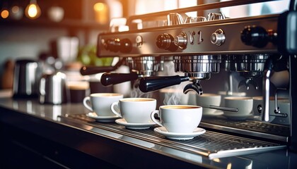 Three steaming cups of coffee being brewed at a modern café with soft lighting and ambiance