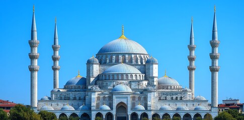 Obraz premium White Mosque with Multiple Domes and Tall Minarets Against Bright Blue Sky
