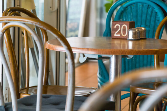 An empty table and chairs at a cafe