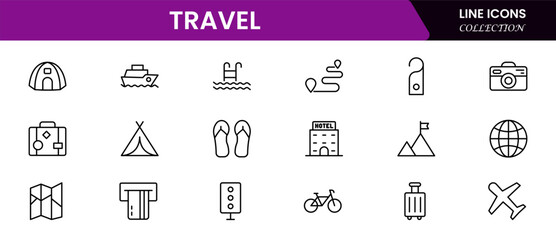 Streamlined vector web line icons depicting travel booking, flights, hotels, itineraries, and seamless online reservation experiences for adventurers.