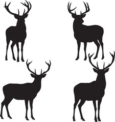 Four deer buck silhouettes in various standing poses with antlers vector set