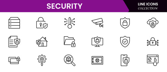 Robust vector web line icons depicting security, protection, cybersecurity, locks, encryption, and safe digital environments for user trust.