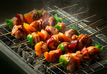 Raw shish tawook chicken on charcoal.