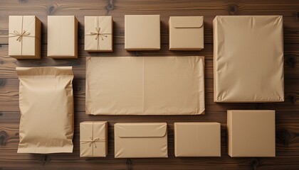 Assorted brown kraft paper packaging items on a wooden surface.