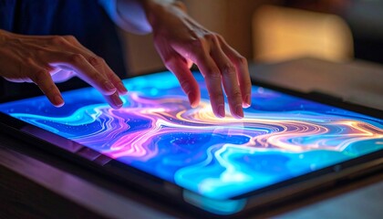 Fototapeta premium Woman's Hands Interacting with Vibrant Digital Art on Tablet.