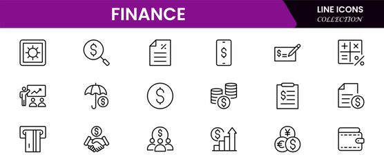 Sleek vector web line icons depicting finance management, budgeting, investments, accounting, and strategic financial planning for wealth growth.