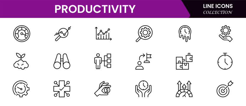 Streamlined vector web line icons depicting productivity tools, time management, tasks, efficiency, and goal-oriented workflows for optimal performance.