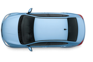 Light blue generic sedan viewed from above, isolated on transparent background for automotive design mockup
