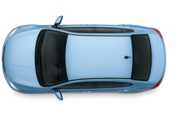 Light blue generic sedan viewed from above, isolated on transparent background for automotive design mockup