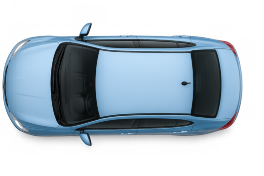 Light blue generic sedan viewed from above, isolated on transparent background for automotive design mockup