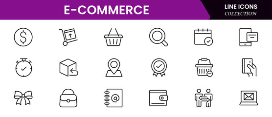 Vibrant vector web line icons depicting e-commerce, online shopping, carts, payments, and seamless digital retail experiences for customers.