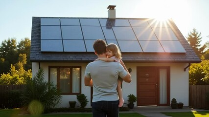 A father lovingly holds his daughter showcasing their home with newly installed solar panels a symbol of sustainable living and alternative energy saving resources