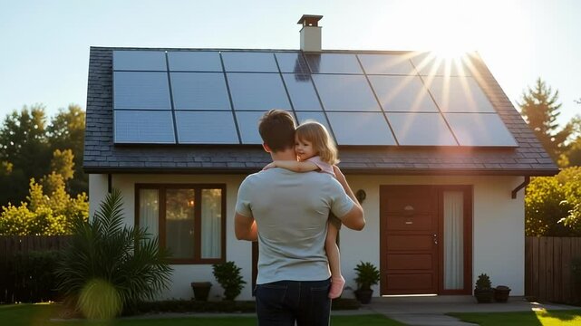 A father lovingly holds his daughter showcasing their home with newly installed solar panels a symbol of sustainable living and alternative energy saving resources