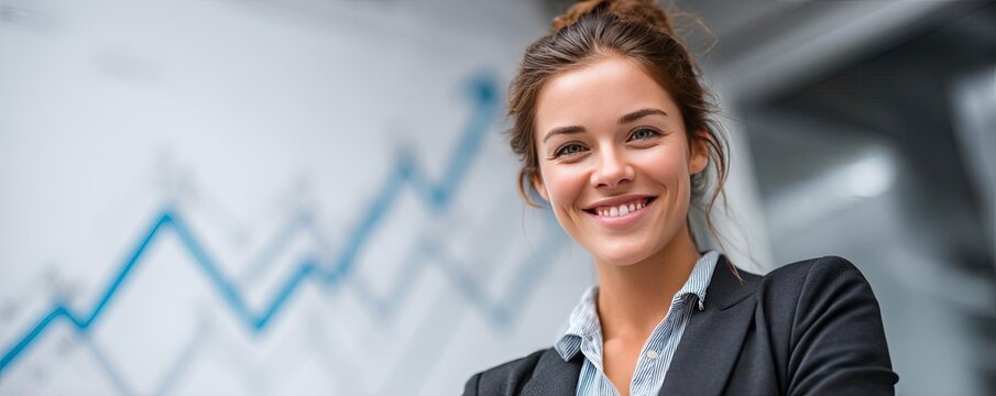 Financial growth chart forecast for portfolio wealth concept. Smiling businesswoman in a modern office environment.