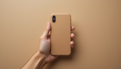 Minimalist Tan Smartphone Mockup Hand Holding Beige Phone on Beige Background