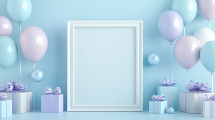 Blue themed birthday decor with blank frame