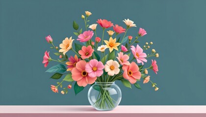 high quality, flat of a flower arrangement in a vase, minimal shapes and pastel tones