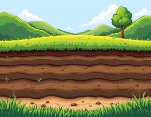 high quality, minimal layered soil and grass with clean lines and soft shading, cartoon like style