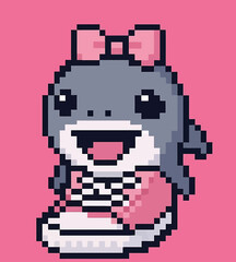 Obraz premium Pixel Art Baby Girl Tralalero Tralala in Pink Sneakers and Bow. Italian Brainrot Character. Vector Illustrations