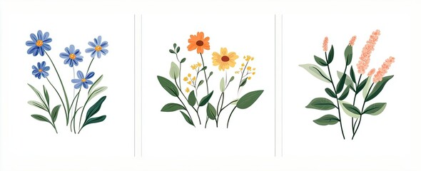 Three minimalist floral illustrations featuring blue, orange, and peach blossoms with green foliage