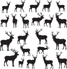 Naklejka premium Twenty four diverse deer buck and doe silhouettes in various natural poses with antlers vector set