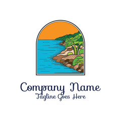 Vintage Retro Ocean Coastline Shoreline or Riverside Lake Swamp with Mangrove Forest Bush for Outdoor Adventure Logo