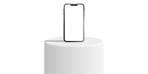 Cylinder white podium stage pedestal and platform with blank smartphone display mockup. Ideal for mobile product showcase, app design preview, or digital device marketing presentation.