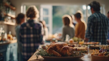 Kitchen becomes a hub of joy and connection as a group of friends and family gather around the island, sharing freshly prepared dishes in warm setting.