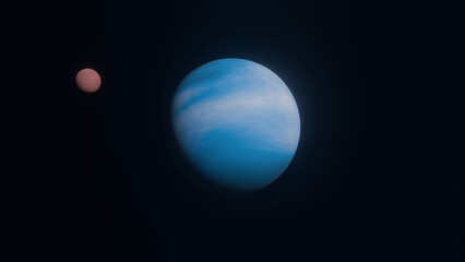 3d render of a large blue planet and a smaller red moon floating in deep black space