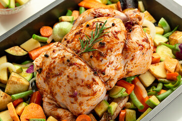 Whole raw stuffed chicken with vegetables ready for oven.