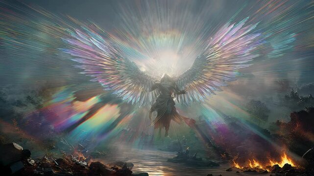 Mythical angel with iridescent wings soaring through vibrant sunset sky creating a magical fantasy scene