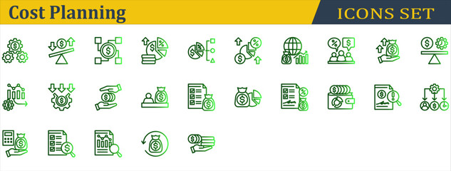 Cost Planning Icon Set. Containing Audit,Budget,Compensation,Cost Management,Cost,Depreciation,Expense,Funding,Income,Investor,Loan,Negotiation,Profit Growth,Return,Saving. Outline Gradient Style